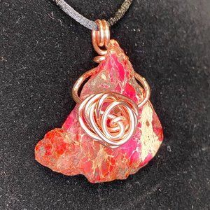 Pink Jasper Chunk Rosegold Wire Wrapped Pendant Handcrafted